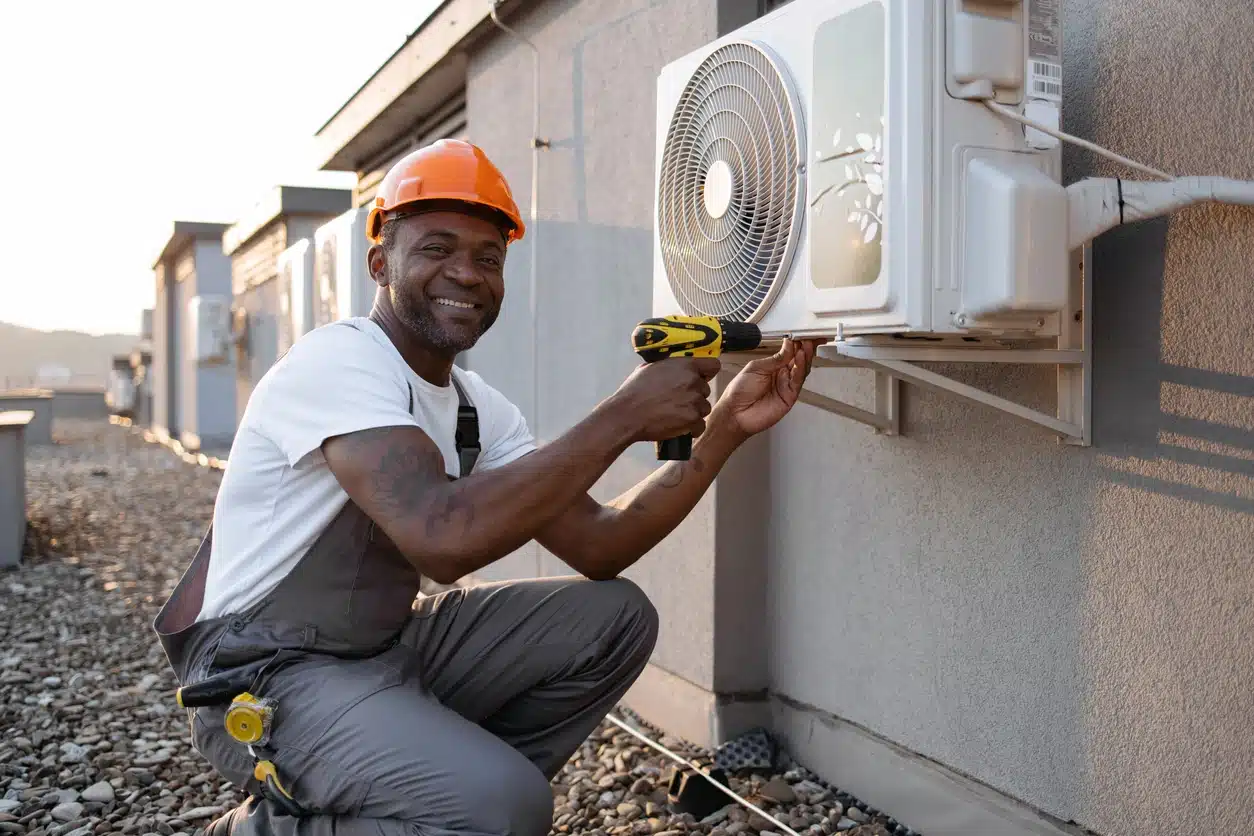 A technician is working on an air conditioner