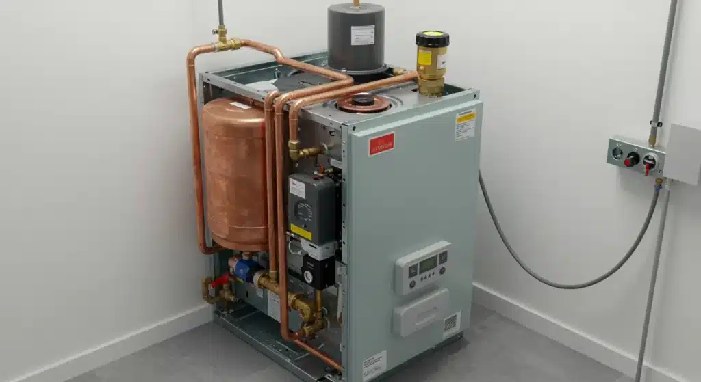 A gas boiler positioned in a room