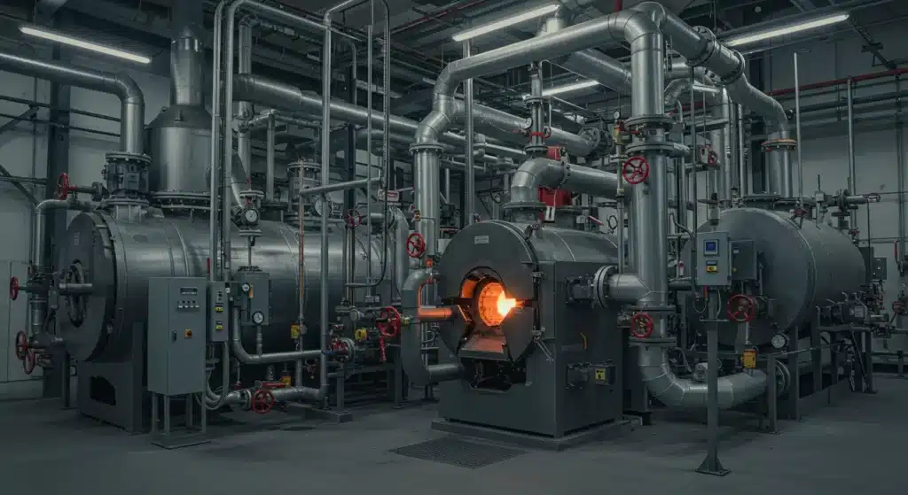 A view of large industrial steam boilers inside a factory