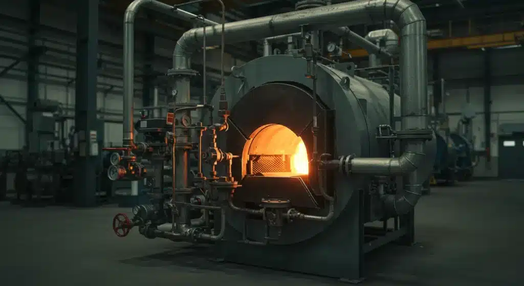 Industrial steam boilers in a factory environment