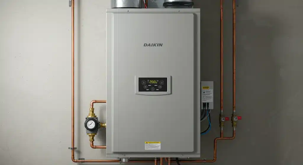 A gas furnace installed in a room