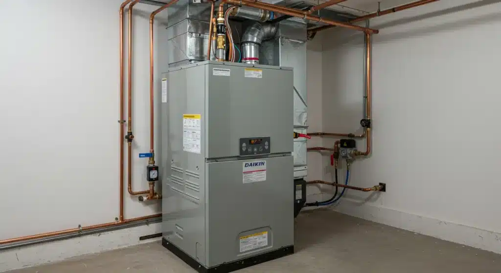 Interior view of a room featuring a gas furnace