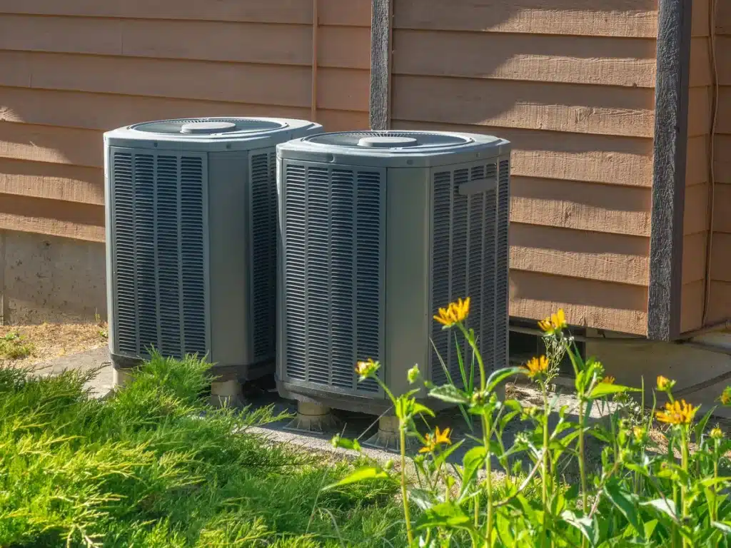 Two heat pump units placed outside a house