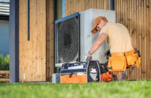 HVAC technician fixing the heat pump at house