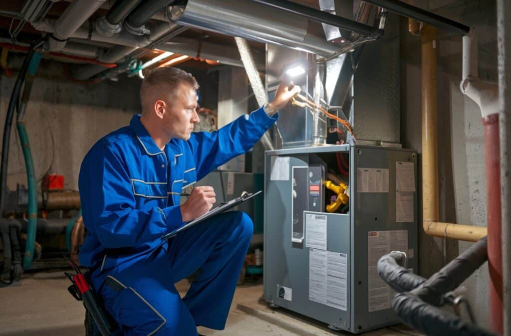 A technician is focused on servicing furnace