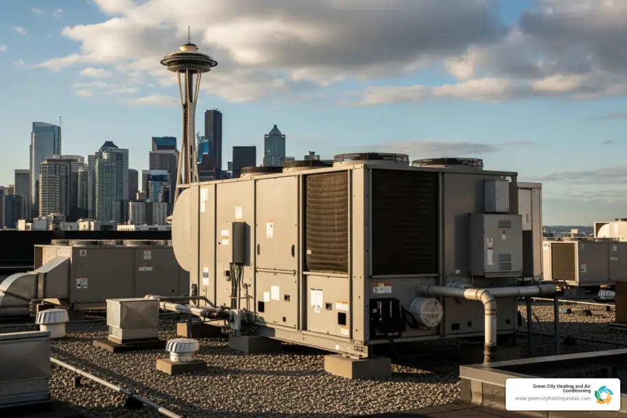 commercial HVAC unit on a rooftop with the Space Needle in the background - commercial hvac installation seattle commercial HVAC unit on a rooftop with the Space Needle in the background - commercial hvac installation seattle